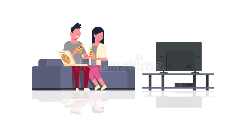 Pares felices que comen a la mujer del hombre de la pizza que ve la TV el sentarse el día de fiesta del sofá para relajar persona stock de ilustración Pares felices que comen a la mujer del hombre de la pizza que ve la TV el sentarse el día de fiesta del sofá para relajar persona stock de ilustración