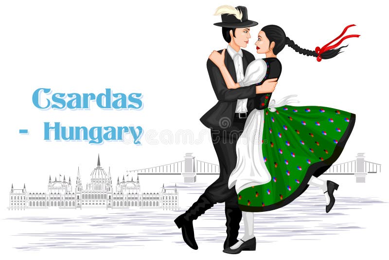 Pares húngaros que executam a dança de Csardas de Hungria ilustração stock Pares húngaros que executam a dança de Csardas de Hungria ilustração stock