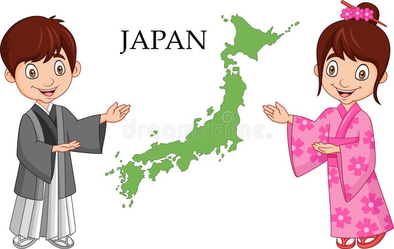 Pares japoneses de la historieta que llevan el traje tradicional stock de ilustración Pares japoneses de la historieta que llevan el traje tradicional stock de ilustración