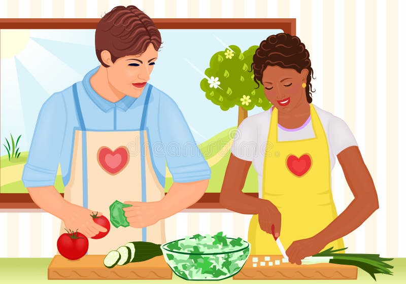 Pares jovenes de la raza mezclada que cocinan la ensalada fresca libre illustration