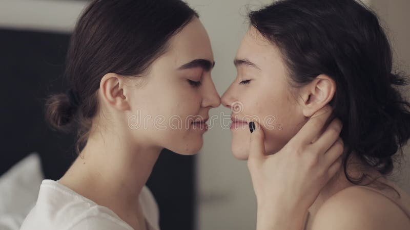 Pares lesbianos felices que se abrazan y que sonríen en casa cara a cara en la cámara lenta