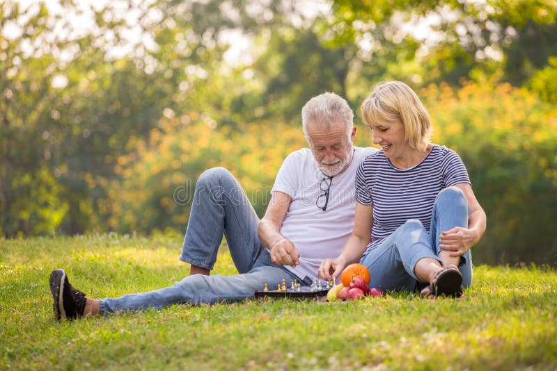 Pares mayores felices que se relajan en el parque que juega al ajedrez junto personas mayores que se sientan en hierba en el parq imágenes de archivo libres de regalías Pares mayores felices que se relajan en el parque que juega al ajedrez junto personas mayores que se sientan en hierba en el parq imágenes de archivo libres de regalías