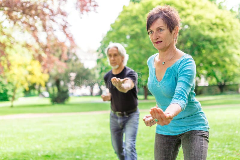 Pares mayores que hacen a Tai Chi In Park, Tübingen, Alemania imagen de archivo libre de regalías Pares mayores que hacen a Tai Chi In Park, Tübingen, Alemania imagen de archivo libre de regalías