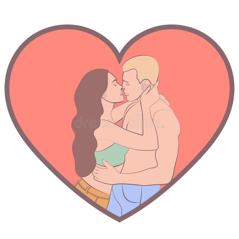 Pares no amor, amantes homem bonito e aperto e beijo da mulher na forma do escarlate do coração, isolada no fundo branco, colorid ilustração royalty free Pares no amor, amantes homem bonito e aperto e beijo da mulher na forma do escarlate do coração, isolada no fundo branco, colorid ilustração royalty free