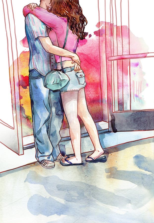 Amantes novos dos pares que beijam e que abraçam a aguarela ilustração royalty free Amantes novos dos pares que beijam e que abraçam a aguarela ilustração royalty free