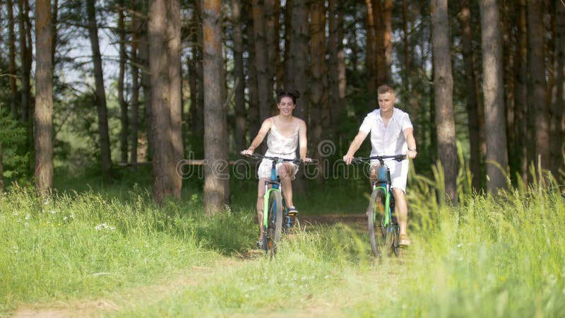Pares novos durante a bicicleta que anda apreciando a floresta do pinho