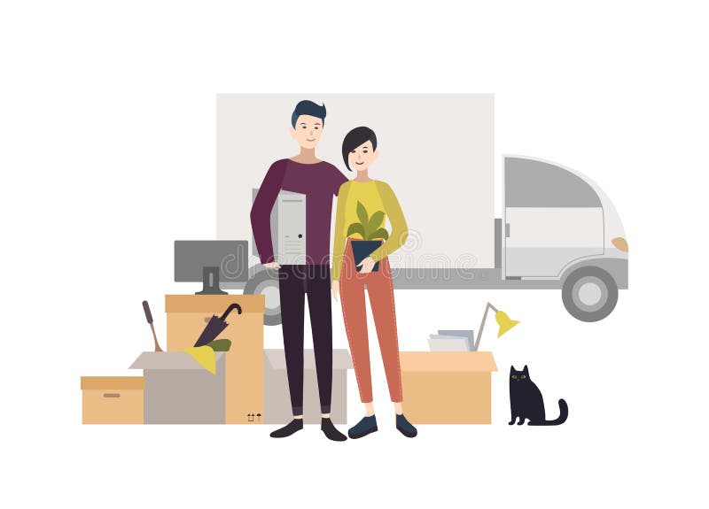 Pares novos felizes que movem-se em uma casa nova com coisas Ilustração dos desenhos animados no estilo liso ilustração royalty free Pares novos felizes que movem-se em uma casa nova com coisas Ilustração dos desenhos animados no estilo liso ilustração royalty free
