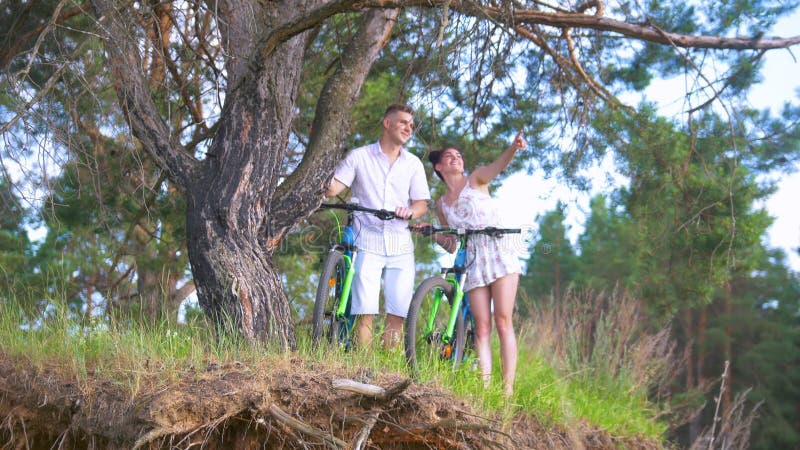 Pares novos que apreciam a natureza na floresta perto da árvore velha