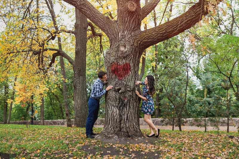 Pares que miran a escondidas alrededor de lados opuestos del árbol Concepto de historia de amor y de datación imagen de archivo Pares que miran a escondidas alrededor de lados opuestos del árbol Concepto de historia de amor y de datación imagen de archivo