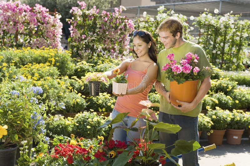 Young couple selecting potted plants at botanical garden. Young couple selecting potted plants at botanical garden