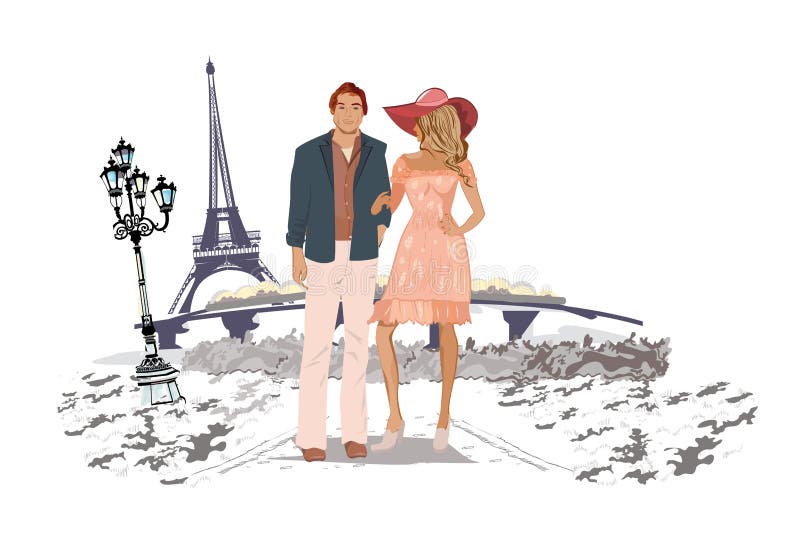 Pares románticos que viajan la Europa Ilustración drenada mano del vector libre illustration Pares románticos que viajan la Europa Ilustración drenada mano del vector libre illustration