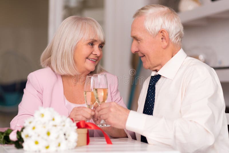 Pares superiores alegres que aumentam seus vidros para amar fotografia de stock Pares superiores alegres que aumentam seus vidros para amar fotografia de stock