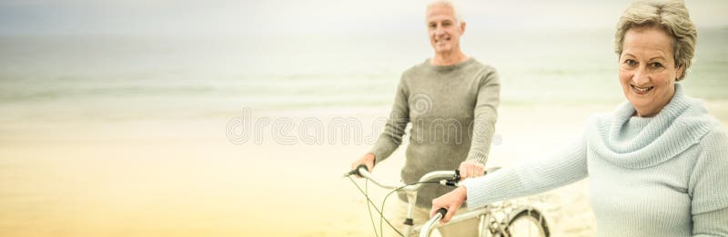 Casal de idosos feliz com a sua bicicleta fotografia de stock royalty free