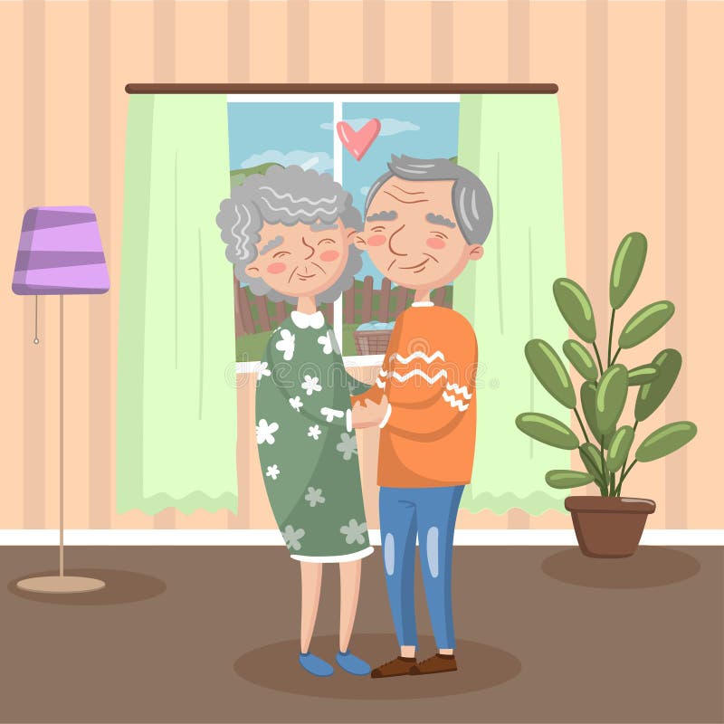 Pares superiores felizes no amor que guarda-se mãos em casa, ilustração interior acolhedor do vetor do vintage ilustração do vetor Pares superiores felizes no amor que guarda-se mãos em casa, ilustração interior acolhedor do vetor do vintage ilustração do vetor