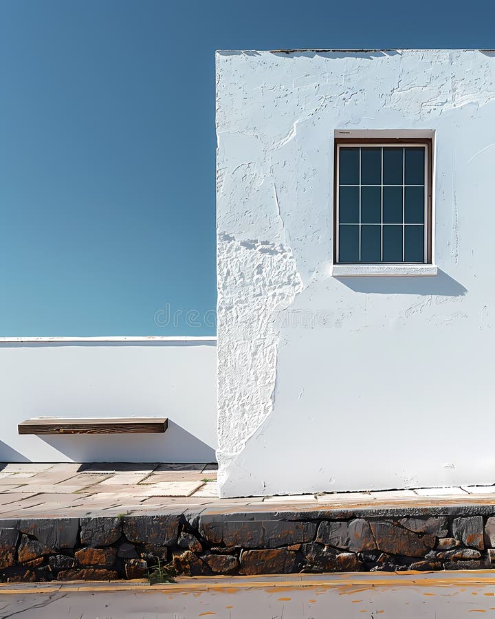 Contemplative Minimalist White Wall Frontage with Window, Blue Sky, and Bench, Realistic Tabletop Photography, Color-Blocked Shapes, Vibrant Painting, Art - a white wall with a window and a bench. Contemplative Minimalist White Wall Frontage with Window, Blue Sky, and Bench, Realistic Tabletop Photography, Color-Blocked Shapes, Vibrant Painting, Art - a white wall with a window and a bench