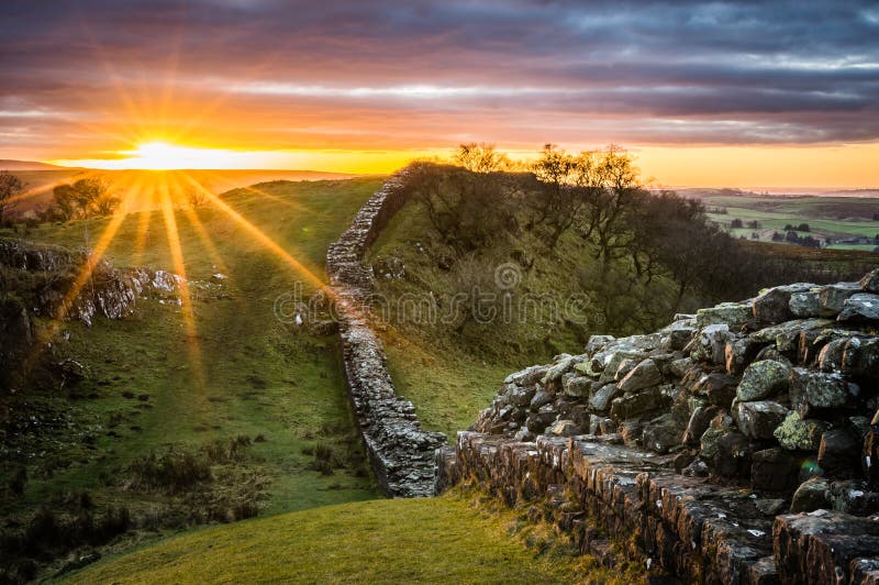 Hadrian`s Wall looking west at sunset from Walltown Crags. Hadrian`s Wall looking west at sunset from Walltown Crags.