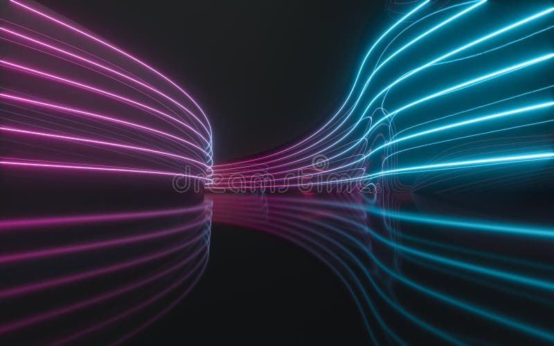 Parete di curva con linee di neon brillanti rendering 3d illustrazione vettoriale