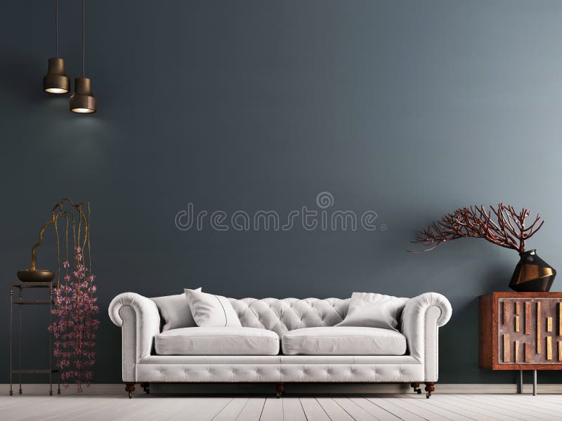 Parete vuota nell'interno classico di stile con il sofà bianco sulla parete grigia del fondo illustrazione vettoriale