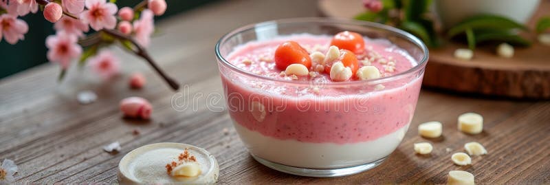 Parfait allo yogurt di fragola con cioccolato e ciliegio in fiore fotografia stock libera da diritti