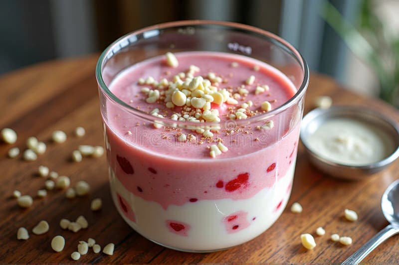 Parfait di frullato di fragole delizioso con cioccolato bianco su tavolo di legno fotografia stock libera da diritti
