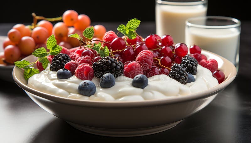 Parfait di frutta fresca in buona salute con yogurt granola e bacche generate dall'ai fotografia stock