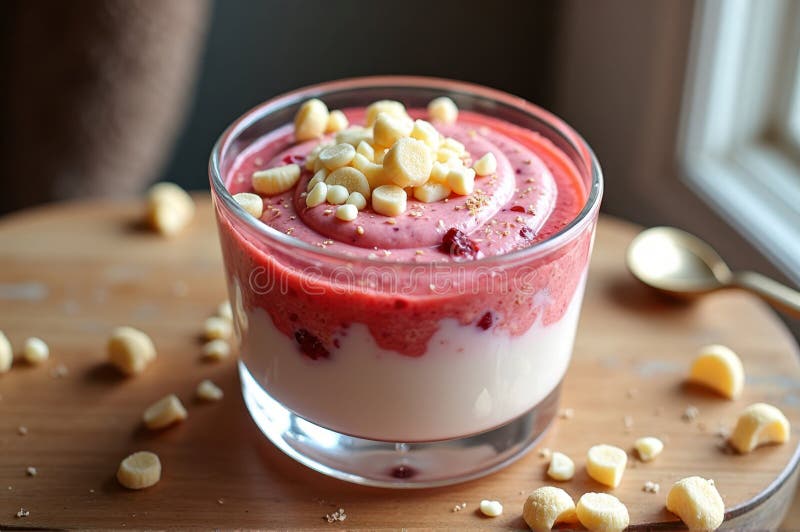 Parfait di yogurt alla fragola delizioso con banane e patatine di cioccolato bianco fotografia stock
