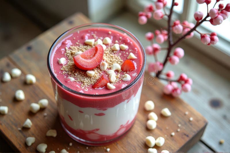 Parfait di yogurt alla fragola delizioso con cioccolato bianco su tavolo di legno rustico fotografia stock libera da diritti