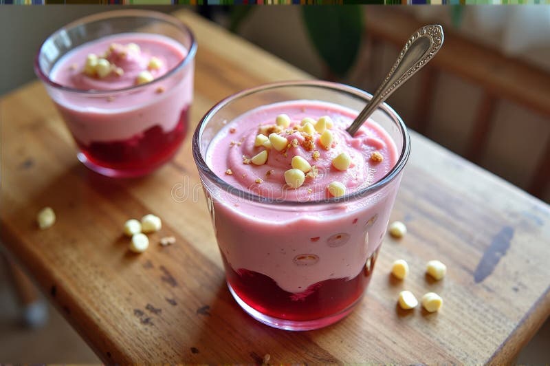 Parfait di yogurt alla fragola delizioso con confezioni di cioccolato bianco in bicchieri fotografia stock libera da diritti