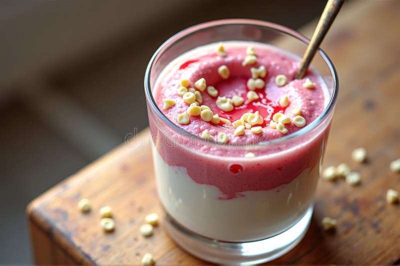 Parfait di yogurt alla fragola delizioso con perle di cioccolato bianco sulla tavola di legno fotografia stock