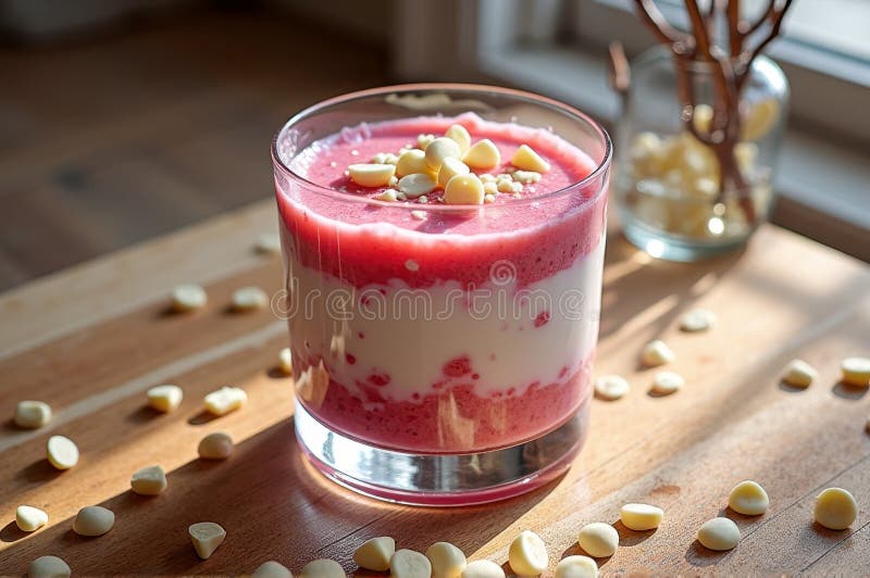 Parfait di yogurt di fragola con patatine di cioccolato bianco su tavolo di legno immagini stock