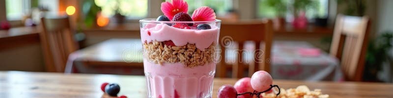 Parfait di yogurt di fragole deliziose con granola e bacche fresche su tavola di legno immagini stock
