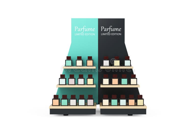 Parfume Bottles on a Wooden Store Product Display Showcase Rack Shelves. 3d Rendering stock illustration