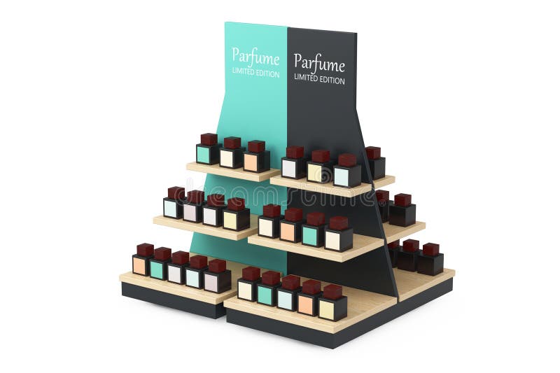 Parfume Bottles on a Wooden Store Product Display Showcase Rack Shelves. 3d Rendering stock illustration