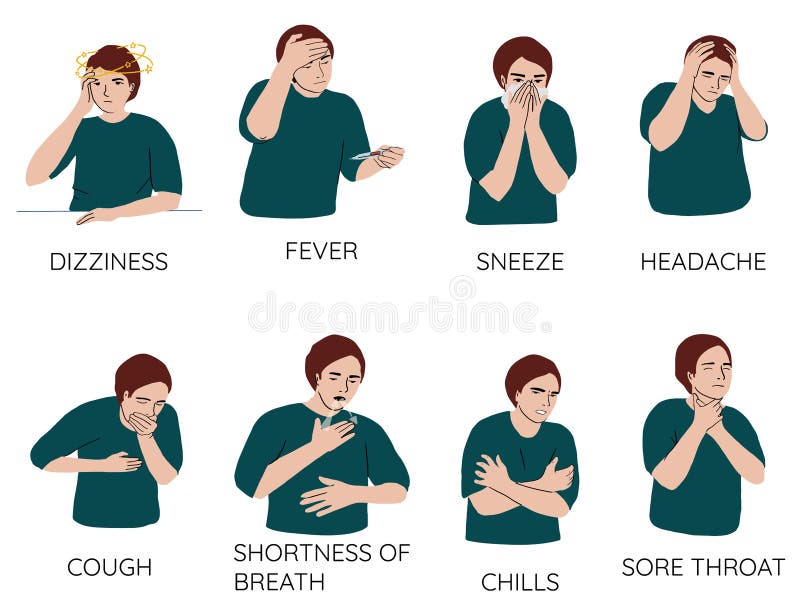 No gender cartoon characters demonstrating symptoms of common cold - fever, cough, sore throat, snot, chills, dizziness, sneeze, freeze, snot. Collection of sick or ill human. Flat vector illustration. No gender cartoon characters demonstrating symptoms of common cold - fever, cough, sore throat, snot, chills, dizziness, sneeze, freeze, snot. Collection of sick or ill human. Flat vector illustration