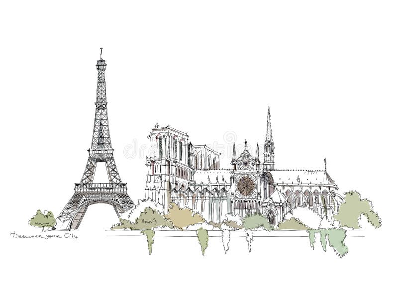 Parijs, Notre Dame Thriumphboog en de Toren van Eiffel, schetsinzameling vector illustratie Parijs, Notre Dame Thriumphboog en de Toren van Eiffel, schetsinzameling vector illustratie