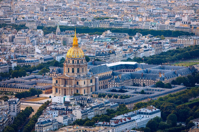 Paris aerial with Les Invalides, France. Twilight aerial view of Paris, France from Montparnasse Tower with Les Invalides building. Beautiful Les Invalides in stock photo Paris aerial with Les Invalides, France. Twilight aerial view of Paris, France from Montparnasse Tower with Les Invalides building. Beautiful Les Invalides in stock photo