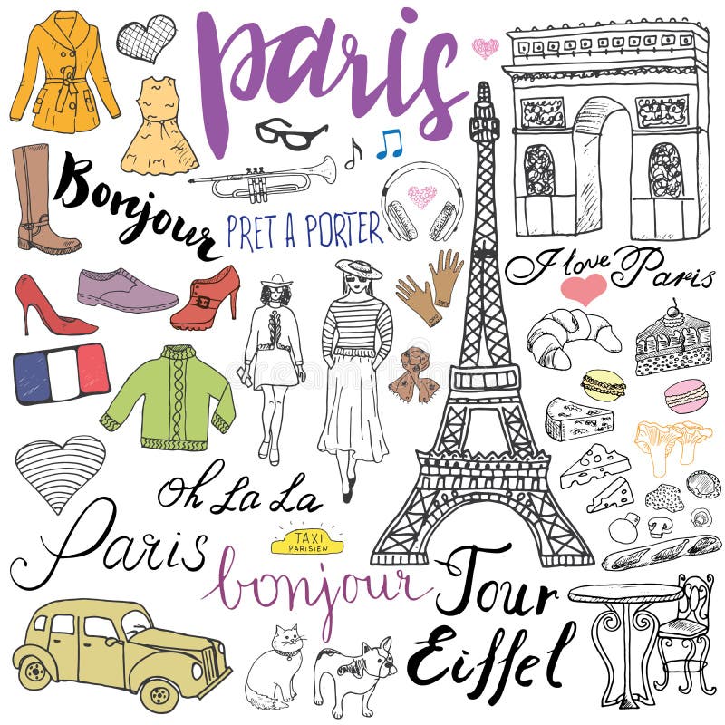 Paris doodles elements. Hand drawn set with eiffel tower bred cafe, taxi triumf arch, fashion elements, cat and french bulldog. Drawing doodle collection and lettering, isolated on white