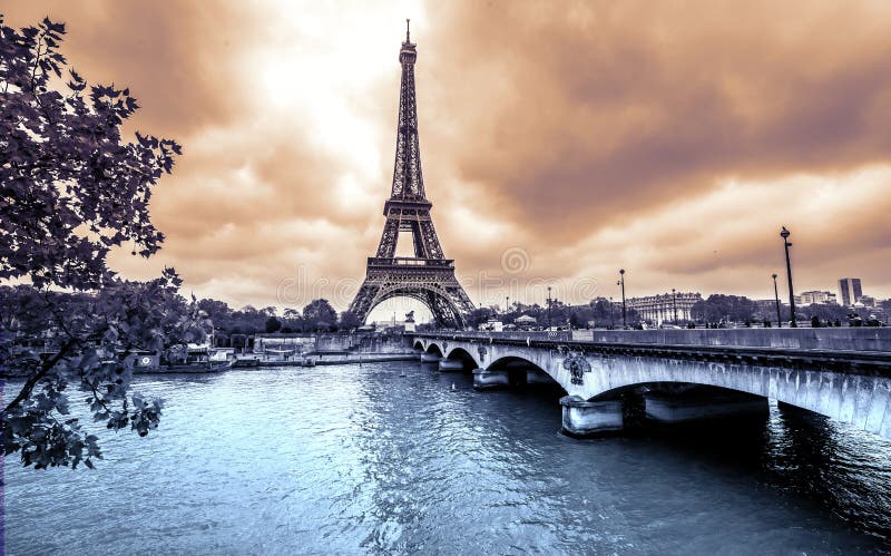 Paris Eiffel Tower view from Seine. Vintage