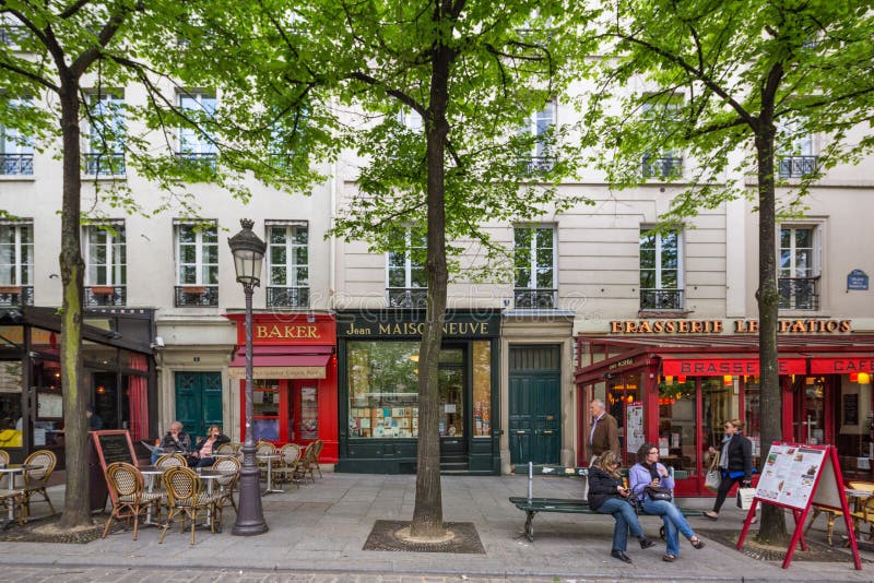 Paris France April 29th 2013 Street scene in the Latin Quarter o stock photos Paris France April 29th 2013 Street scene in the Latin Quarter o stock photos