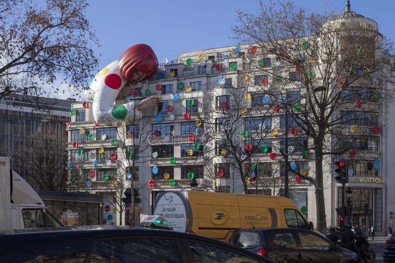 PARIS, FRANCE - January 13, 2023: Yayoi Kusama x Louis Vuitton. giant sculpture by a Japanese artist.