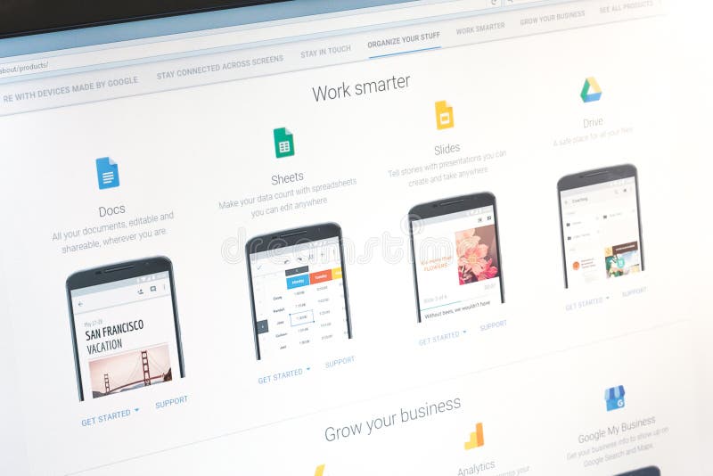 Paris, France - June 14 2017 : Close-up on Google applications (docs,, sheets, slides, drive) for Android phones and tablets. Goog