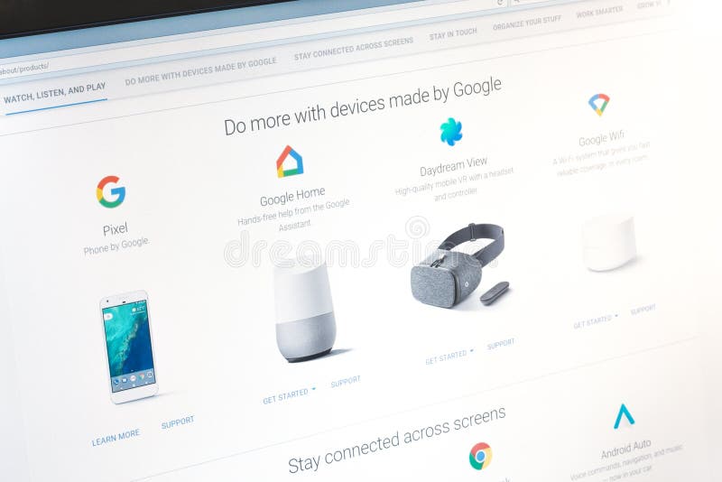 Paris, France - June 14 2017 : Close-up on Google applications (pixel,, home, music, daydream view, wifi ) for Android phones and stock photo