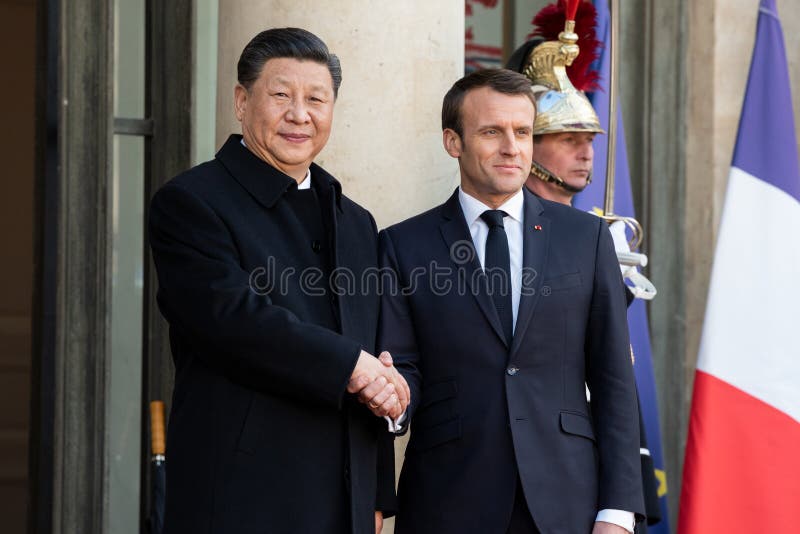 PARIS, FRANCE - MARCH 25, 2018 :  Emmanuel Macron welcoming Xi Jinping at ElysÃ©e Palace