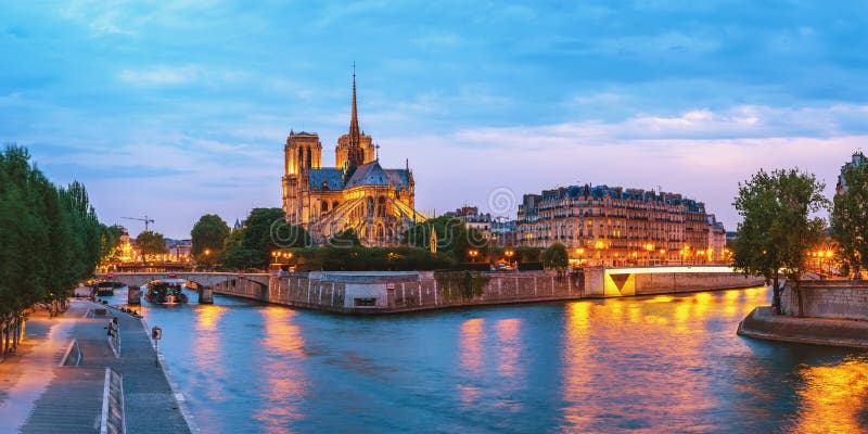 Paris France Panorama Night at Notre Dame De Paris Cathedral Stock ...