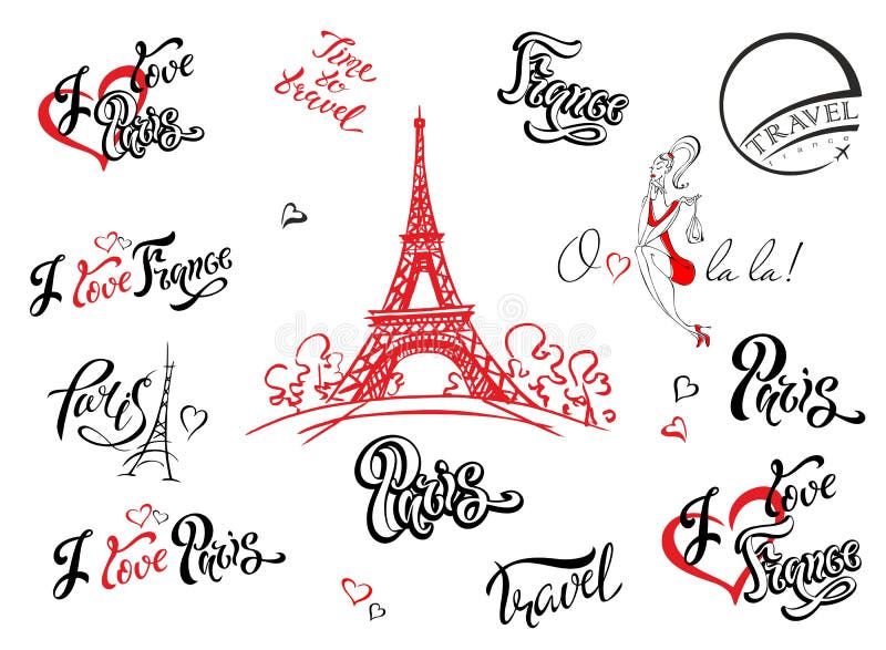 Paris. France. Set of elements for design. Eiffel tower sketch. Inspiring lettering. Label templates. Girl model.Vector. royalty free illustration Paris. France. Set of elements for design. Eiffel tower sketch. Inspiring lettering. Label templates. Girl model.Vector. royalty free illustration