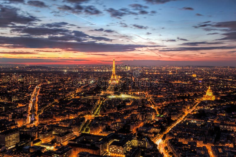 Paris, France skyline, panorama at sunset, young night. Eiffel Tower