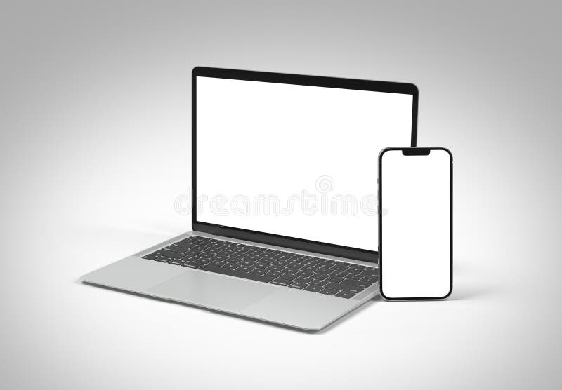 Paris francja wrzesień 1 2023 : świeżo wypuszczone jabłkowe makbook air i iphone 14 srebrny kolor. notebook renderowania 3d w wido. widok boczny 3d — makieta z ekranu notebooka do renderowania na białym tle.