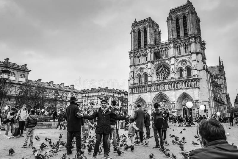 PARIS FRANKRIKE - NOVEMBER 11, 2017: DomkyrkaNotre-Dame de Paris - som byggs i fransk gotisk arkitektur och den, är bland largesn royaltyfria bilder PARIS FRANKRIKE - NOVEMBER 11, 2017: DomkyrkaNotre-Dame de Paris - som byggs i fransk gotisk arkitektur och den, är bland largesn royaltyfria bilder