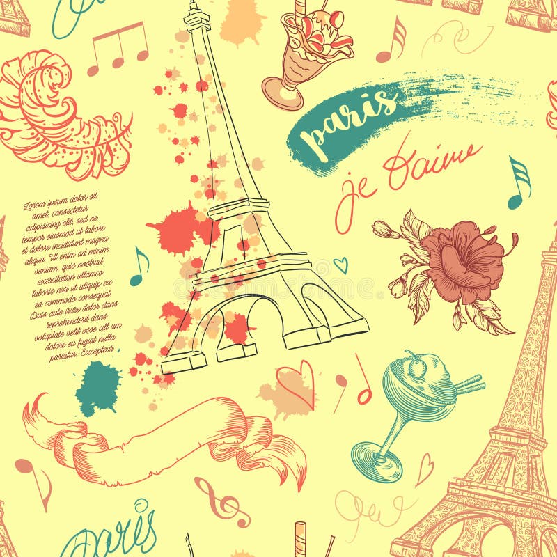 Paris Nahtloses Muster der Weinlese mit Eiffelturm, Blumen, Federn, Cocktails und Text stock abbildung