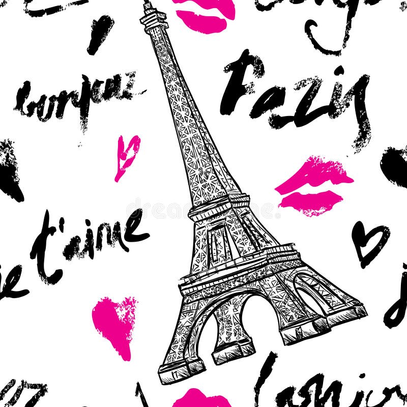 Paris Nahtloses Muster der Weinlese mit Eiffelturm und Hand gezeichneter Beschriftung stock abbildung